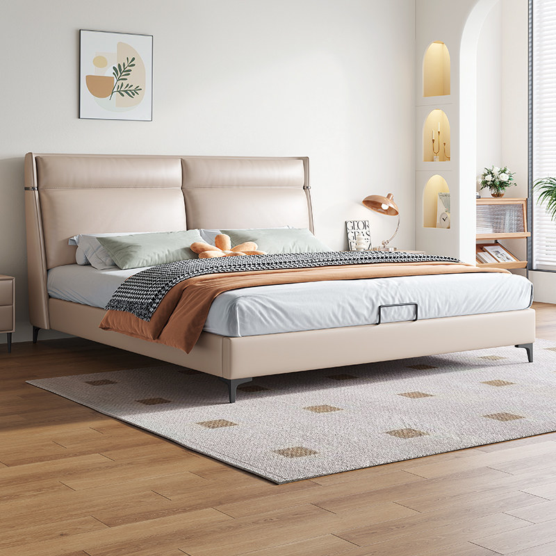 拉芙菲 真皮床现代简约主卧双人床意式极简婚床实木齐边软包大床