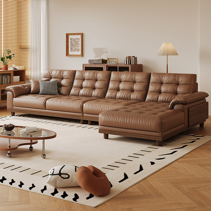 拉芙菲中古风头层真皮沙发白蜡木L型贵妃大小户型转角客厅沙发