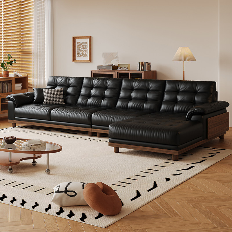 拉芙菲中古风头层真皮沙发白蜡实木L型贵妃大小户型转角客厅沙发