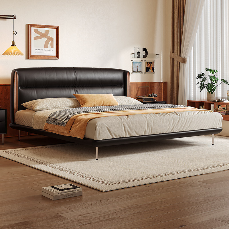 拉芙菲头层真皮床中古风主卧现代简约实木式高端大气高脚双人大床