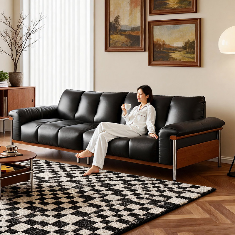 拉芙菲包豪斯风头层牛皮沙发小户型中古风客厅直排高脚真皮沙发