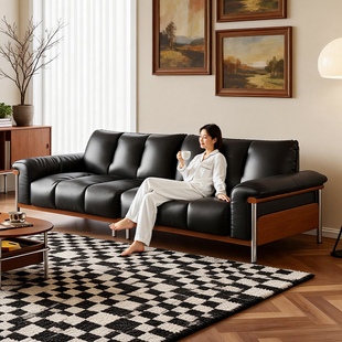 拉芙菲包豪斯风头层牛皮沙发小户型中古风客厅直排高脚真皮沙发