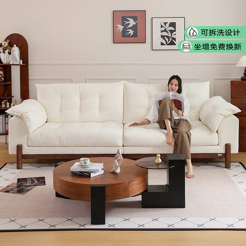 拉芙菲原木风布艺沙发雪尼尔实木可拆洗小户型客厅直排棉麻沙发