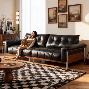 拉芙菲中古风高脚头层牛皮沙发直排小户型包豪斯真皮沙发客厅