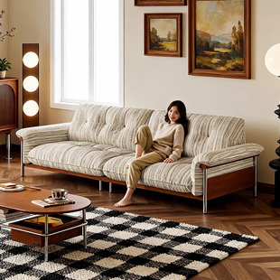 拉芙菲中古风布艺沙发实木棉麻高脚直排客厅羽绒亚麻小户型布沙发