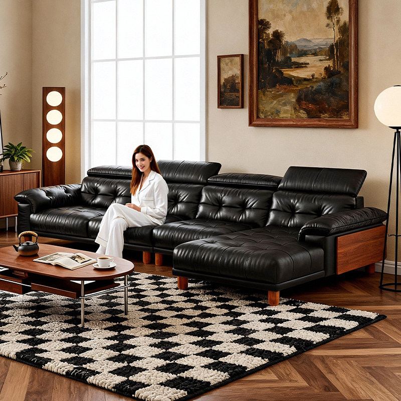 拉芙菲中古风头层真皮沙发贵妃大小户L型政府补贴转角客厅沙发