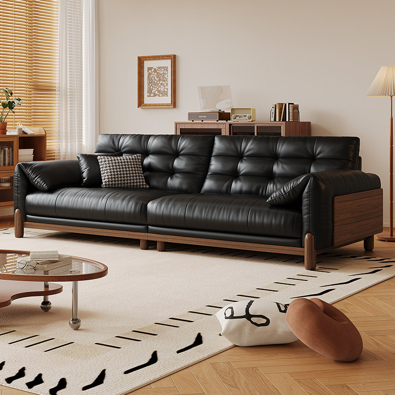 拉芙菲中古风头层真皮沙发白蜡实木简约大象耳朵大小户型客厅沙发