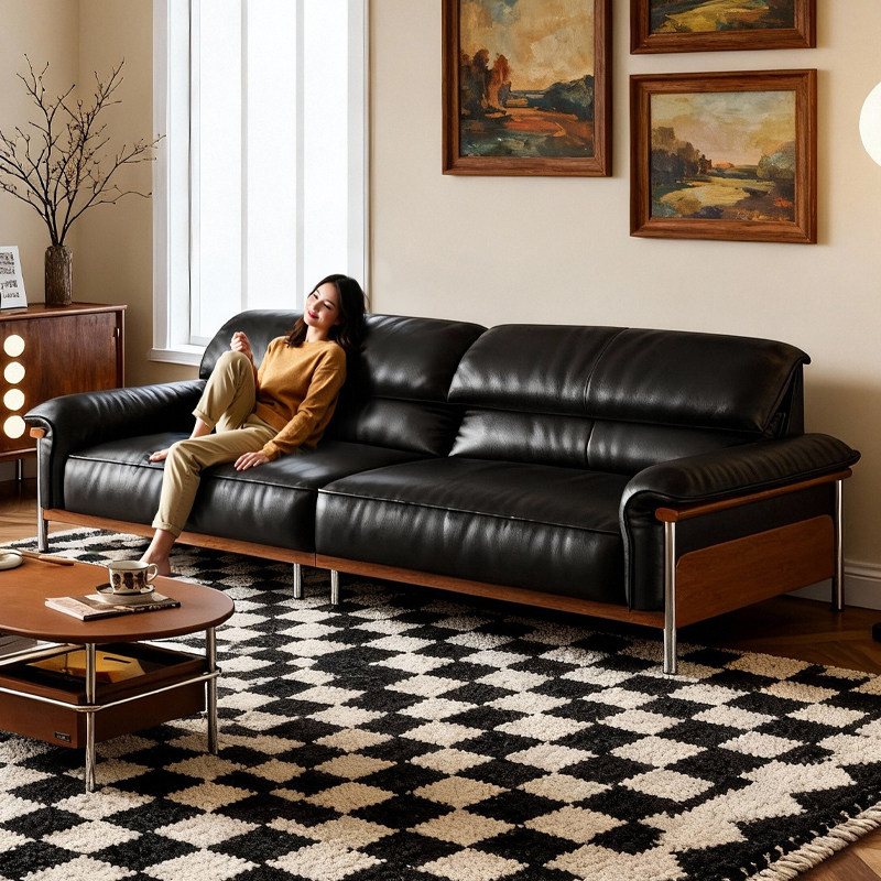 拉芙菲中古风头层牛皮沙发包豪斯小户型客厅直排高脚真皮沙发