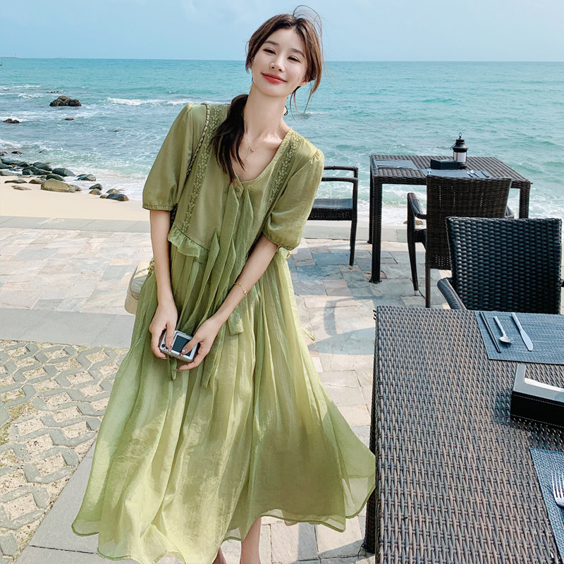 现货夏季绿色蕾丝花边拼接蝴蝶结连衣裙2C158-8386-P120-K178,女装连衣裙,2C158