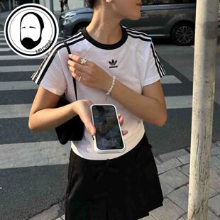 Adidas阿迪达斯三叶草女子三条纹插肩短款运动短袖JC8703  JC8704