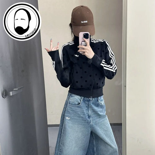 Adidas阿迪达斯三叶草缎面复古波点休闲运动外套KV1165 KV1166