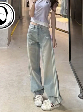 Adidas阿迪达斯三叶草女子复古宽松运动牛仔长裤KW2093 KW2094