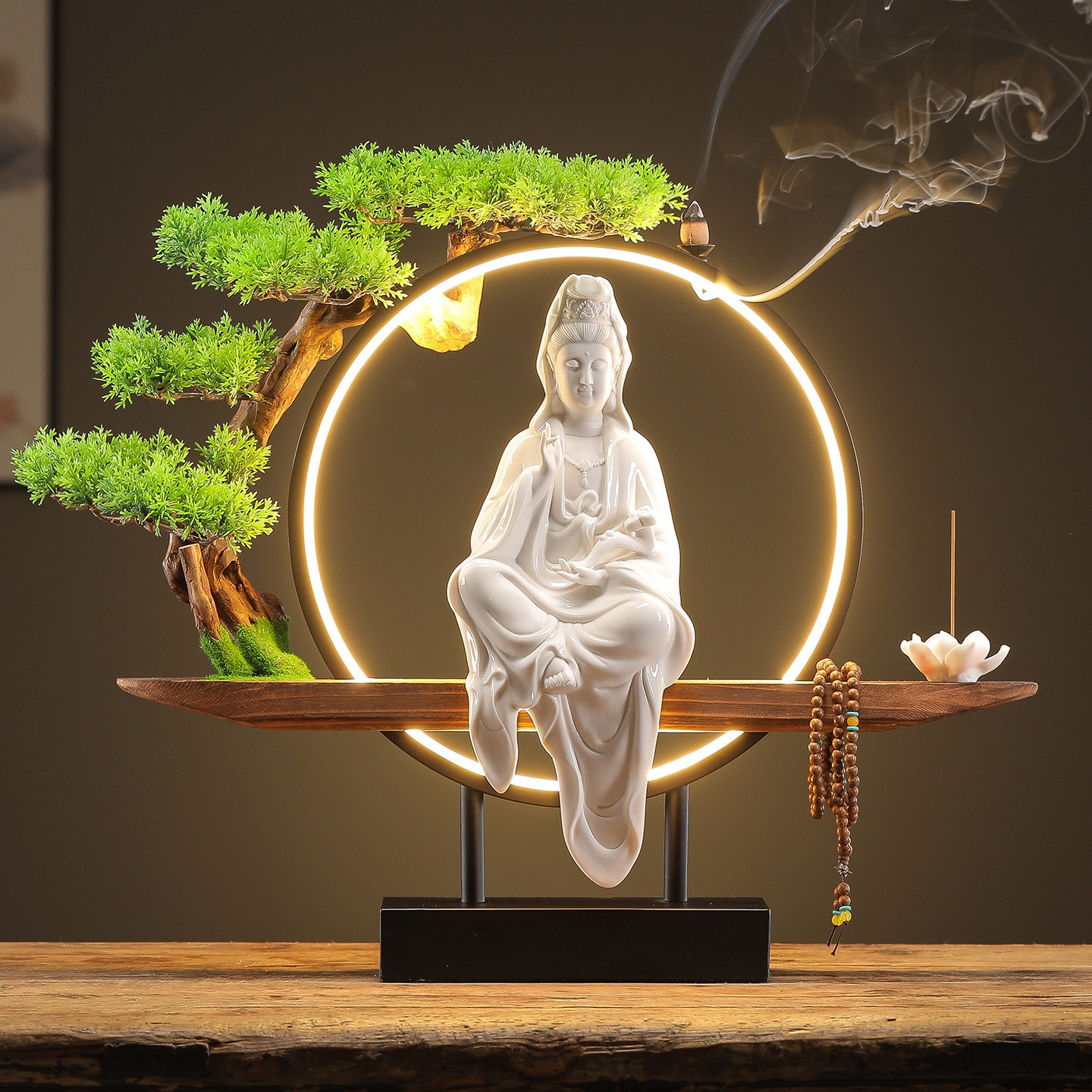 中式灯饰迎客松倒流香观音菩萨佛像摆件创意家用客厅玄关供奉装饰