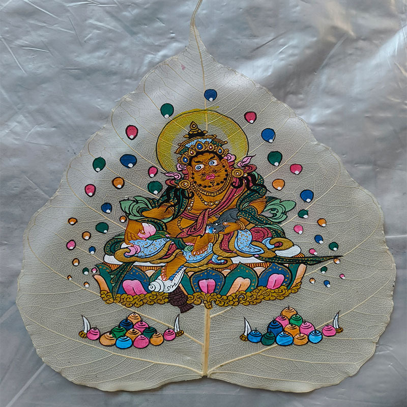 尼泊尔菩提叶唐卡黄财神绿度母佛像画芯天然收藏桌摆画菩提叶手绘