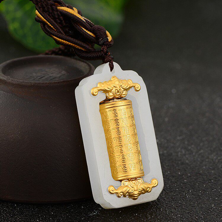 金镶玉批发 和田白玉墨玉足金转运筒吊坠 时来运转观音佛百福心经