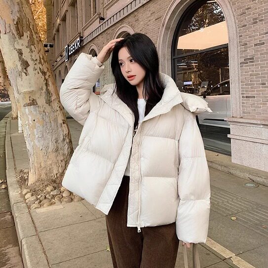 新90%白鸭绒泡芙羽绒服女短款加厚带帽小个子面包服宽松龟背外套
