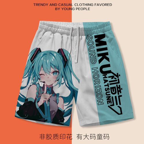 日系潮牌短裤男初音少女印花卡通周边五分裤大码加肥有童码沙滩裤