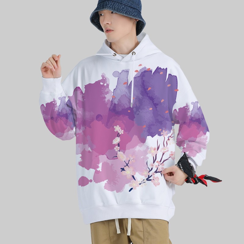 泼墨涂鸦桃花休闲潮流帅气2023新款连帽宽松卫衣男女加绒大码衣服