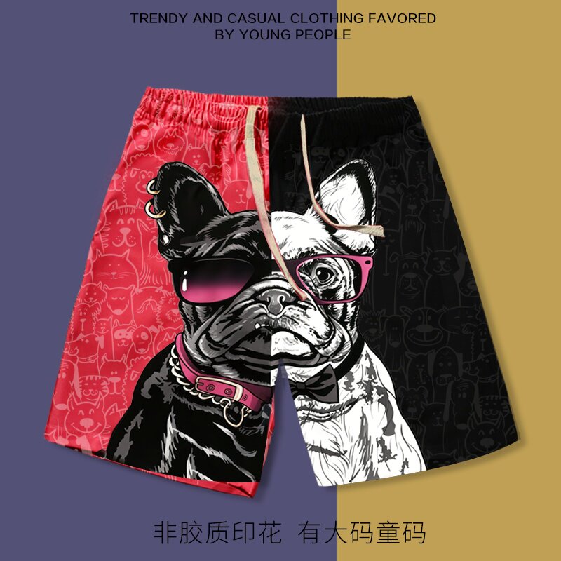 夏季搞笑癞皮狗霸气卡通宽松直筒五分裤男女沙滩裤有大码童码速干