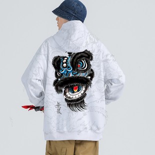 黑色醒狮老夫子oversize国潮hiphop连帽卫衣男女秋冬季加绒大码