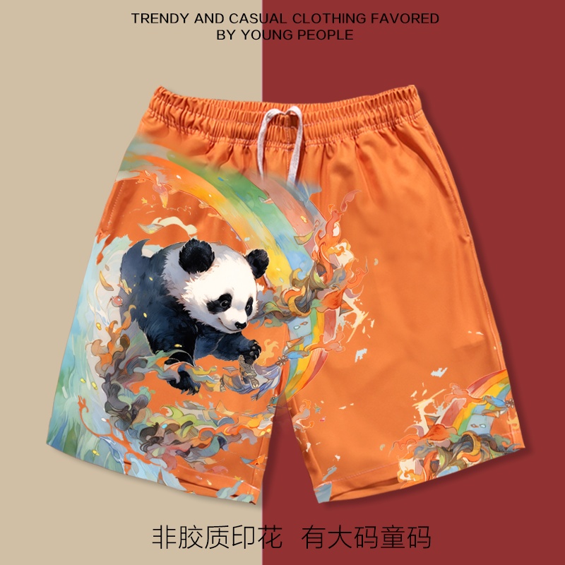 卡通熊猫短裤男情侣夏季宽松直筒五分裤男女印花沙滩裤有大码童码