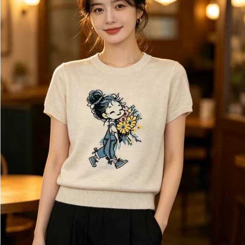 高品质韩版圆领短袖女针织衫