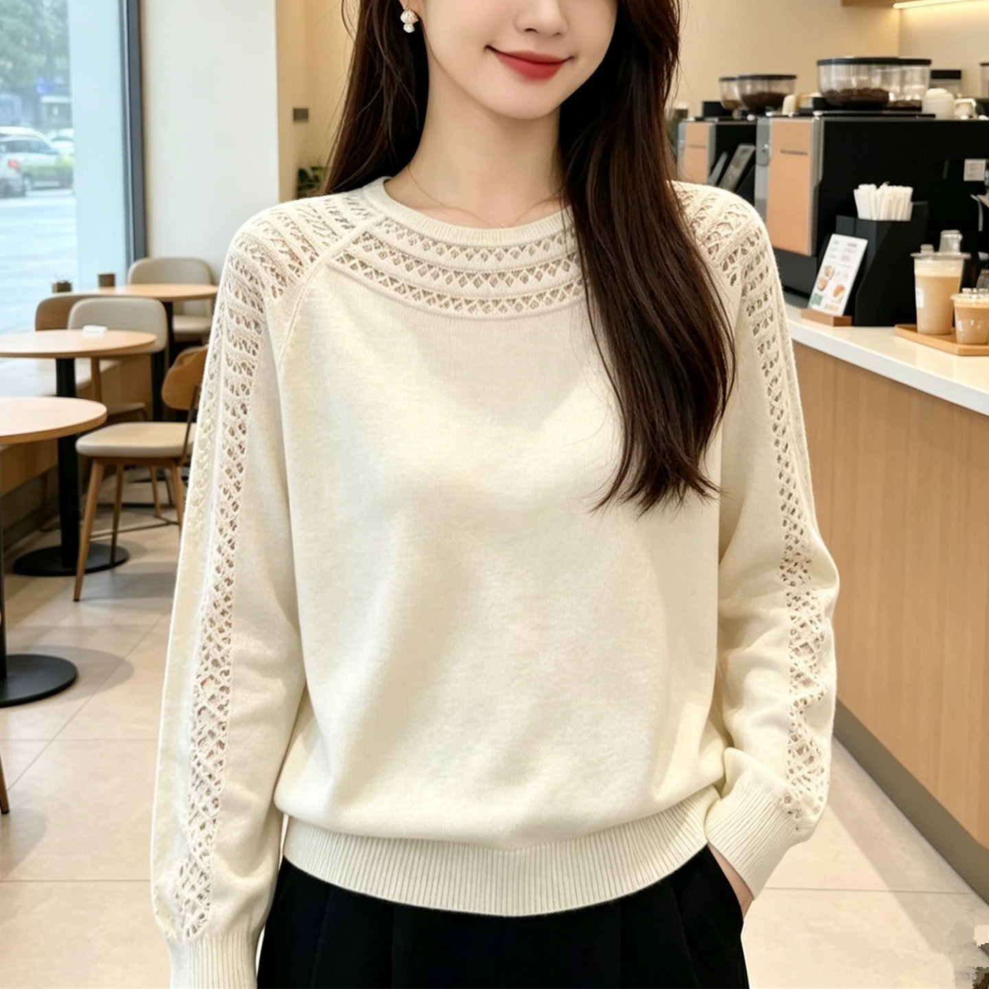 镂空针织衫女套头纯色秋冬毛衣