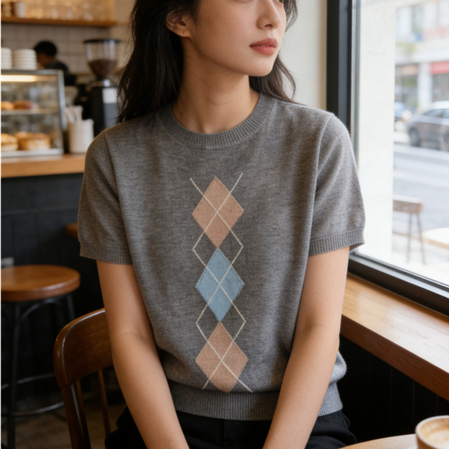 宽松黑色菱格短袖T恤女针织衫
