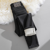 女冬季 2025新款 高腰加厚修身 加绒紧身小脚牛仔裤 弹力配靴铅笔裤 子