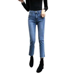 烟管裤女秋冬2025年新款加绒高腰显瘦小个子九分修身直筒牛仔裤子