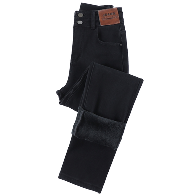 美舒儿新款高腰加绒直筒牛仔裤女