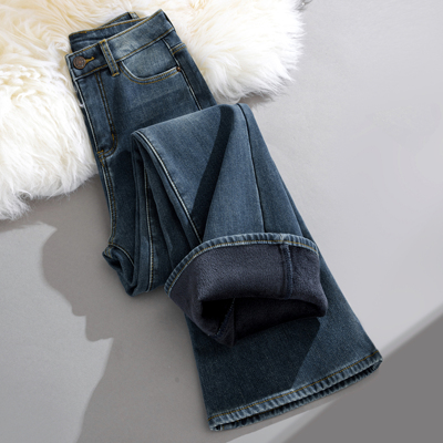 秋冬加绒高腰显瘦微喇牛仔裤女