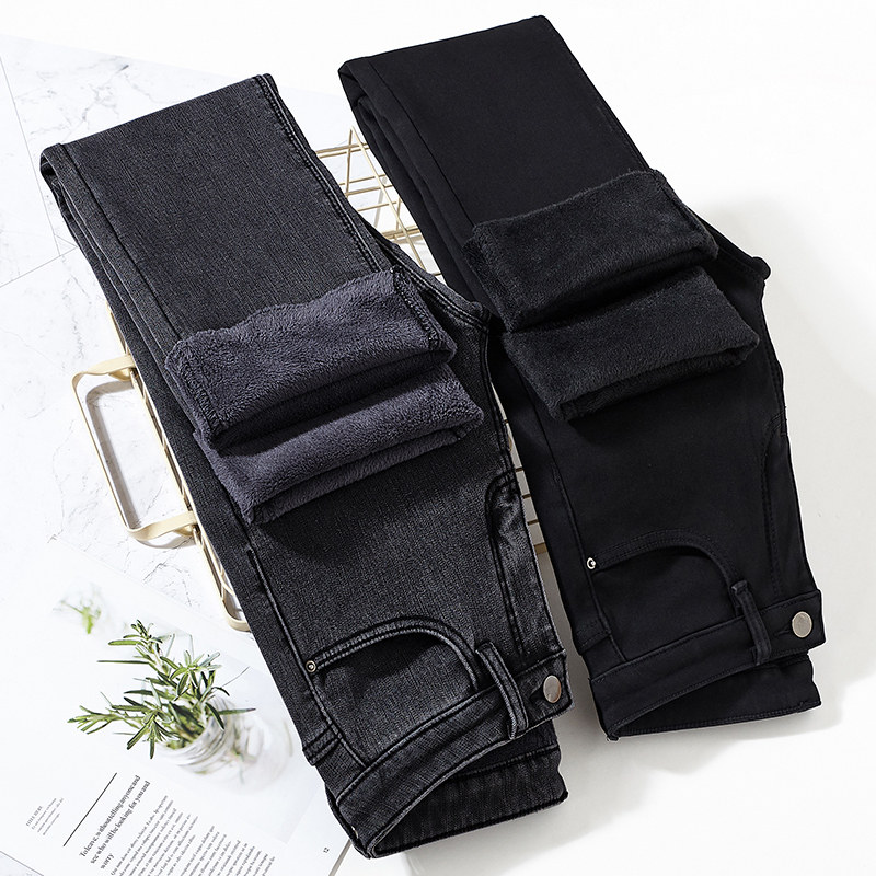 黑灰色加绒加厚牛仔裤女秋冬新款显瘦九分宽松阔腿烟管直筒长裤子