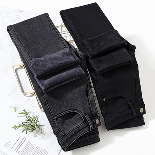 黑灰色加绒加厚牛仔裤女秋冬新款显瘦九分宽松阔腿烟管直筒长裤子