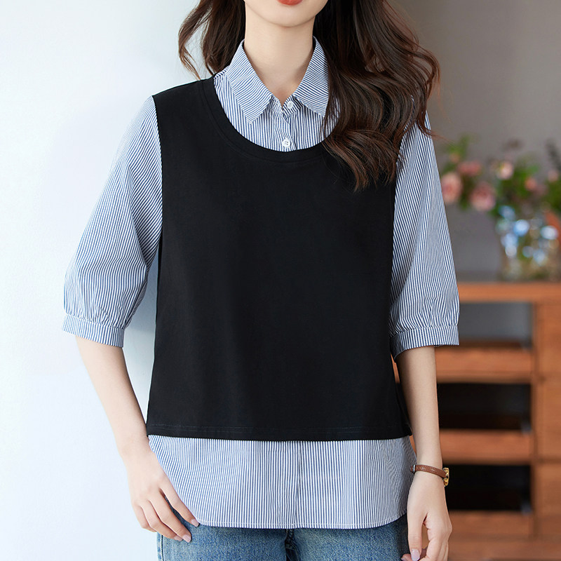 高级感黑色大码假两件女上衣2026春夏新款宽松七分袖T恤女装小衫