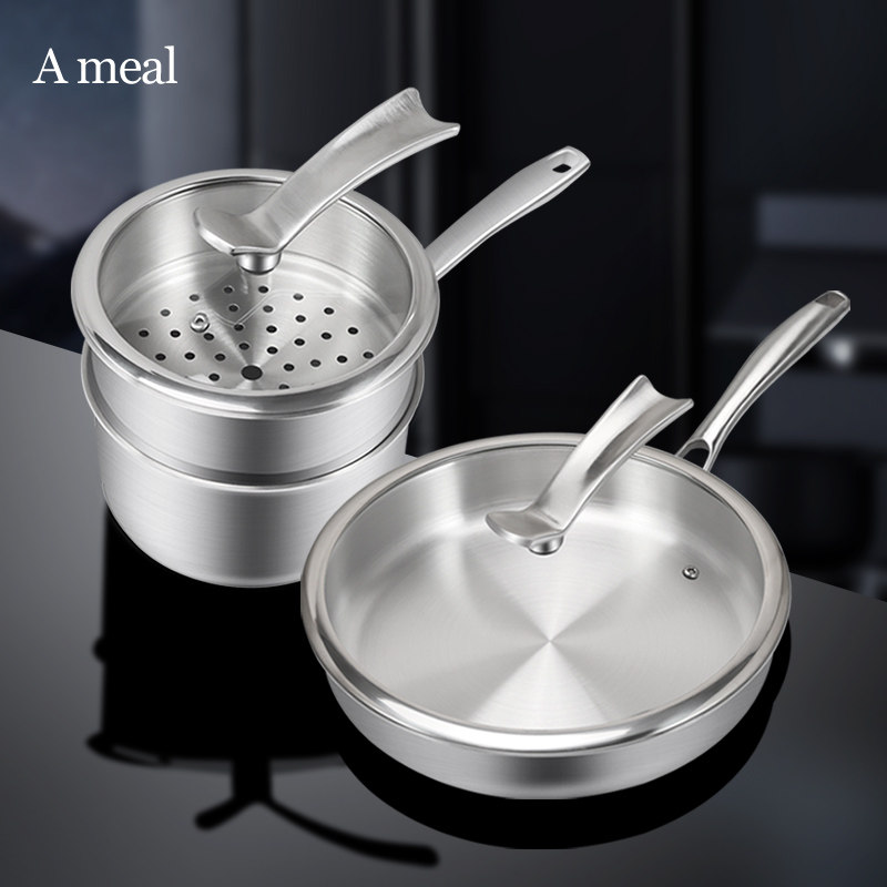 Ameal316不锈钢宝宝辅食锅不粘锅婴儿多功能蒸煎煮一体小奶锅