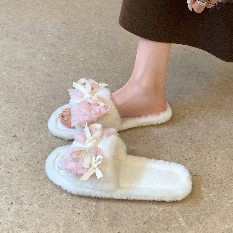 甜美蝴蝶结平底毛毛拖鞋女秋冬季室内软底拖鞋舒适防滑保暖棉拖鞋