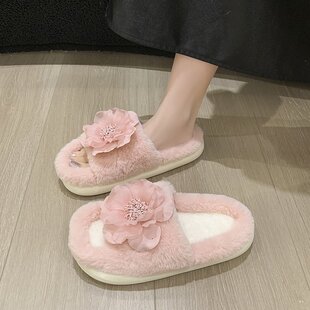 可外穿绒面一字拖舒适家用软底棉拖鞋 韩版 女冬季 甜美花朵毛毛拖鞋
