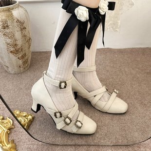 甜美搭扣玛丽珍鞋 搭裙子高跟鞋 女秋冬季 时尚 舒适百搭浅口单鞋 法式