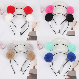 仿真兔毛绒球发箍甜美可爱球球头箍猫耳朵卖萌细箍韩国发卡头饰品