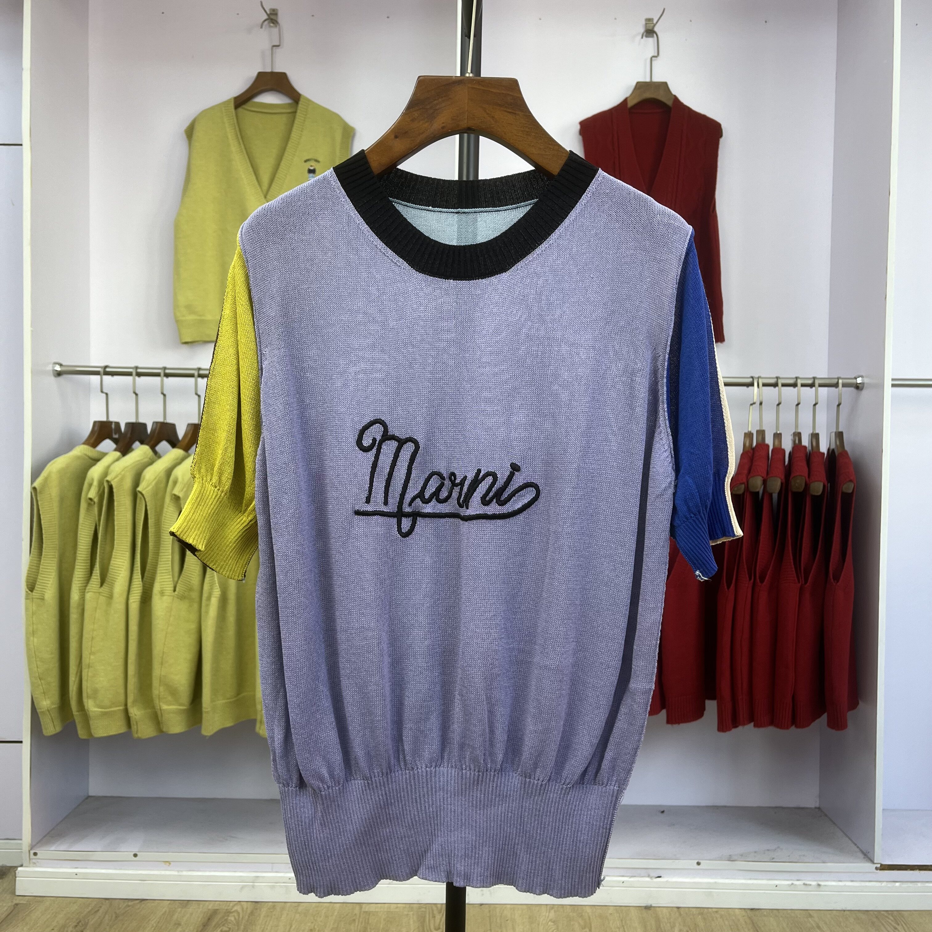 105 针织衫短袖T恤女2025新款夏季薄款圆领撞色拼接字母显瘦上衣