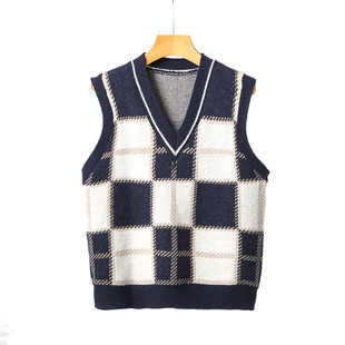 复古格子针织马甲女秋冬季外穿韩版叠穿V领毛衣背心无袖坎肩外搭
