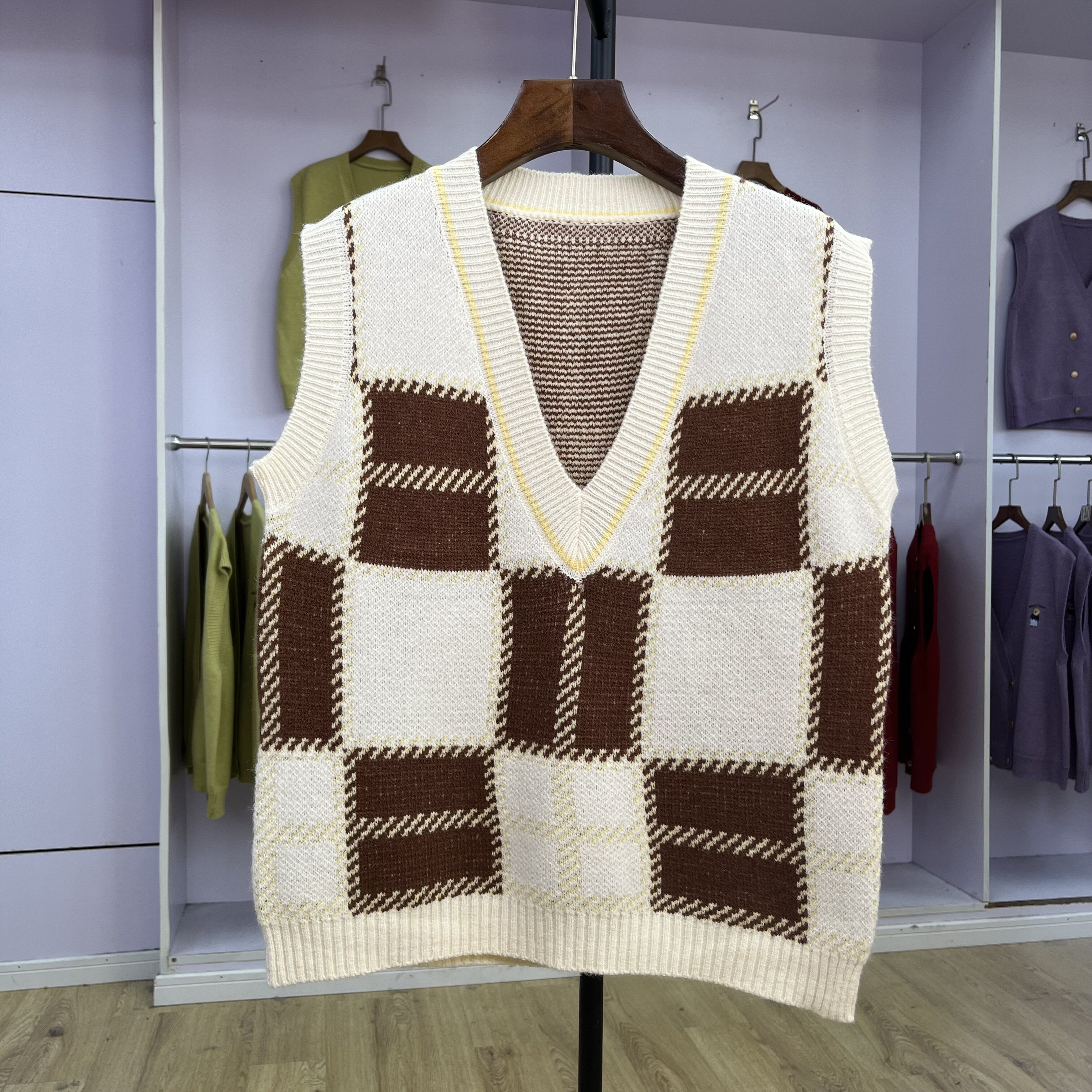 573  学院风叠穿格子慵懒风背心毛衣无袖韩版宽松V领针织马甲上衣