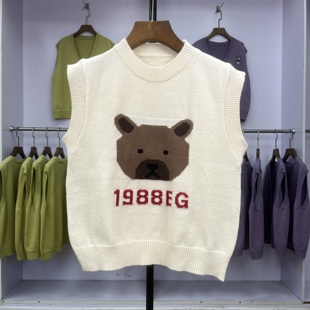 秋冬季 休闲小个子针织马夹坎肩短款 上衣外搭 圆领小熊提花新款 579