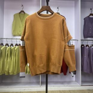 923小个子假两件复古加厚圆领套头毛衣长袖ins休闲宽松慵懒风上衣