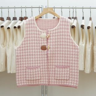 056 2025年秋季新款韩版格子加厚口袋圆领针织马甲背心女叠穿坎肩