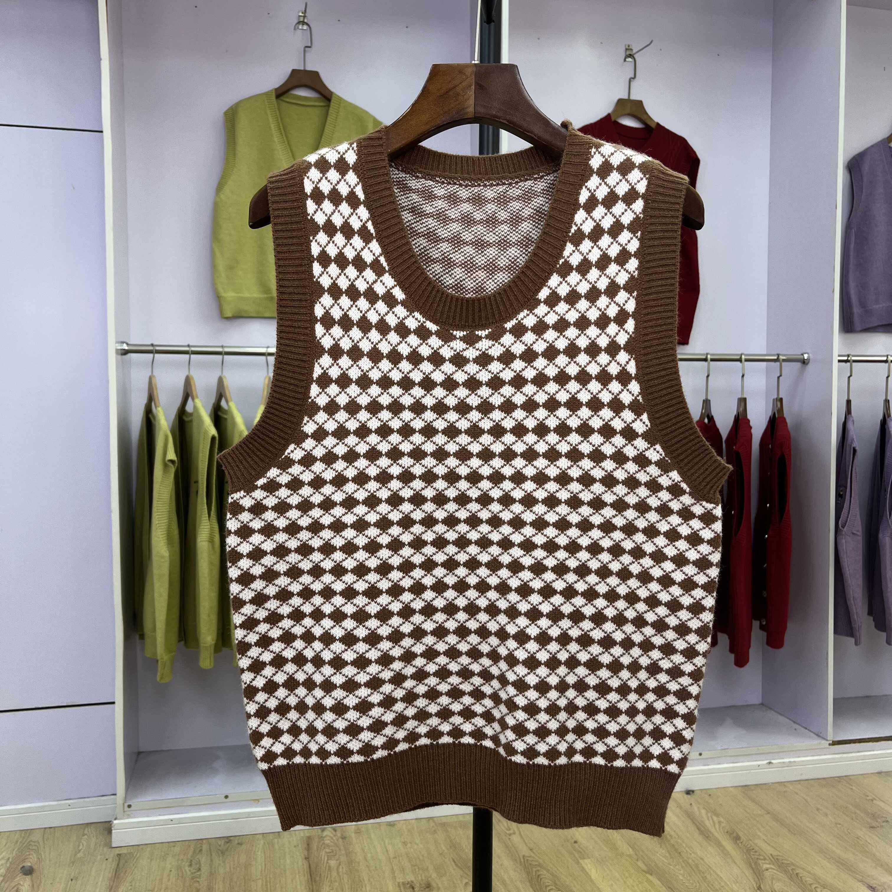 576棋盘格无袖套头毛衣背心女秋冬薄款法式叠穿圆领外搭针织马甲