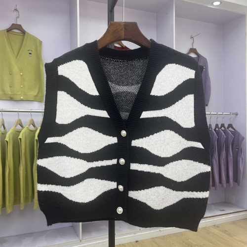 斑马纹2024秋冬无袖新款坎肩V领