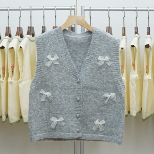 441 法式甜美风纯色V领针织开衫马甲女温柔风蝴蝶结无袖坎肩马夹