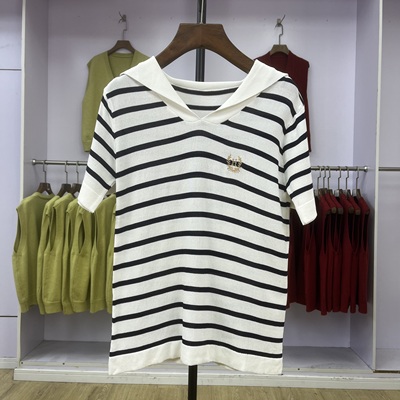 海军领条纹针织衫短袖T恤女